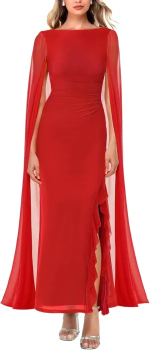 Lrady Women's Formal Evening Gowns High Split Ruffle Wedding Guest Cape Sleeve Cocktail Party Maxi Dresses