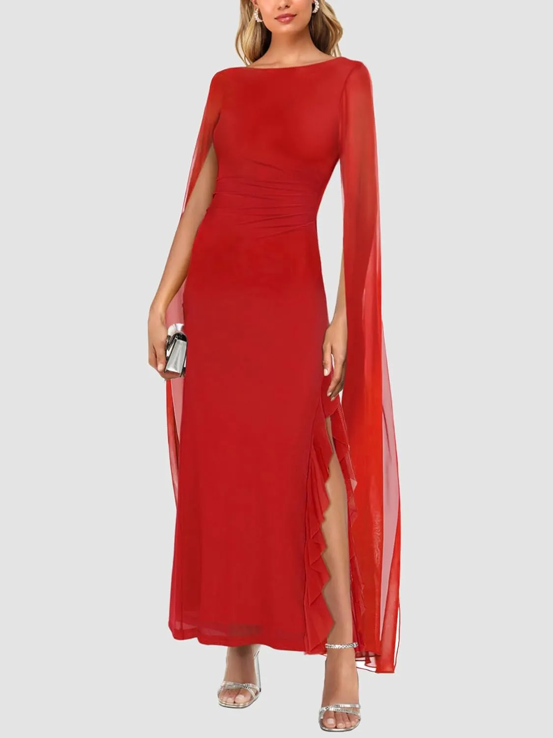 Lrady Women's Formal Evening Gowns High Split Ruffle Wedding Guest Cape Sleeve Cocktail Party Maxi Dresses