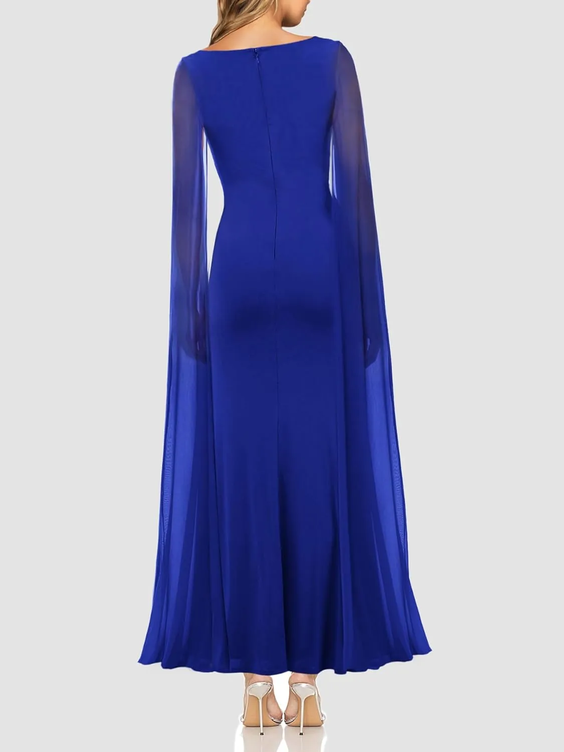 Lrady Women's Formal Evening Gowns High Split Ruffle Wedding Guest Cape Sleeve Cocktail Party Maxi Dresses
