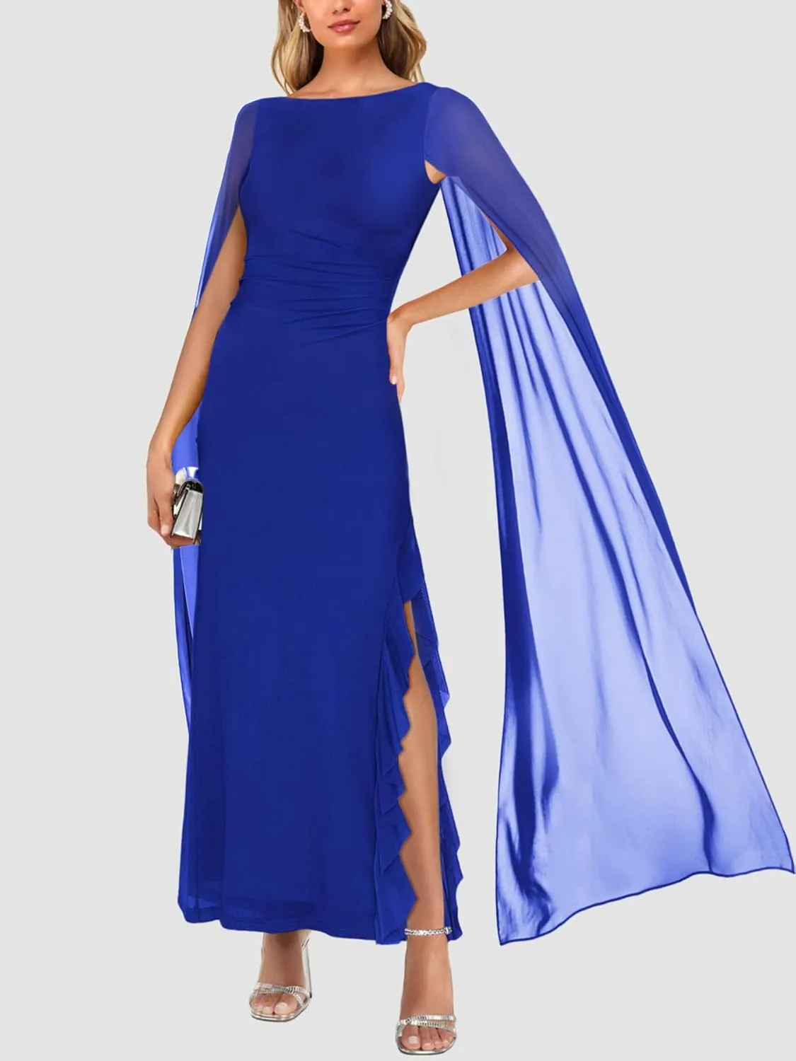 Lrady Women's Formal Evening Gowns High Split Ruffle Wedding Guest Cape Sleeve Cocktail Party Maxi Dresses