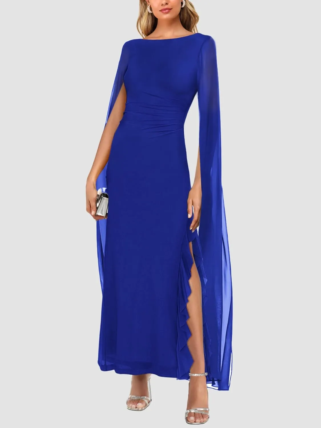 Lrady Women's Formal Evening Gowns High Split Ruffle Wedding Guest Cape Sleeve Cocktail Party Maxi Dresses