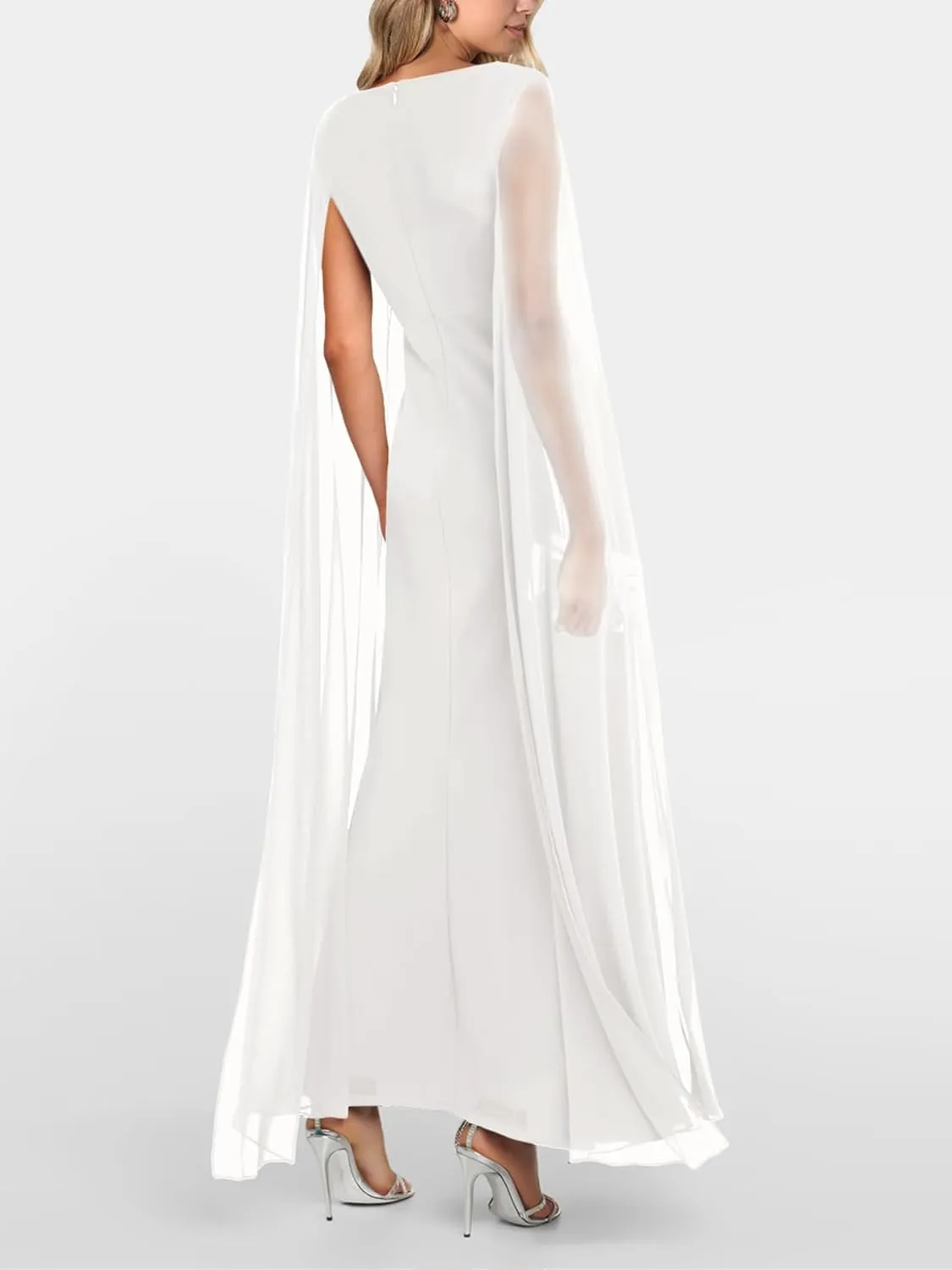 Lrady Women's Formal Evening Gowns High Split Ruffle Wedding Guest Cape Sleeve Cocktail Party Maxi Dresses