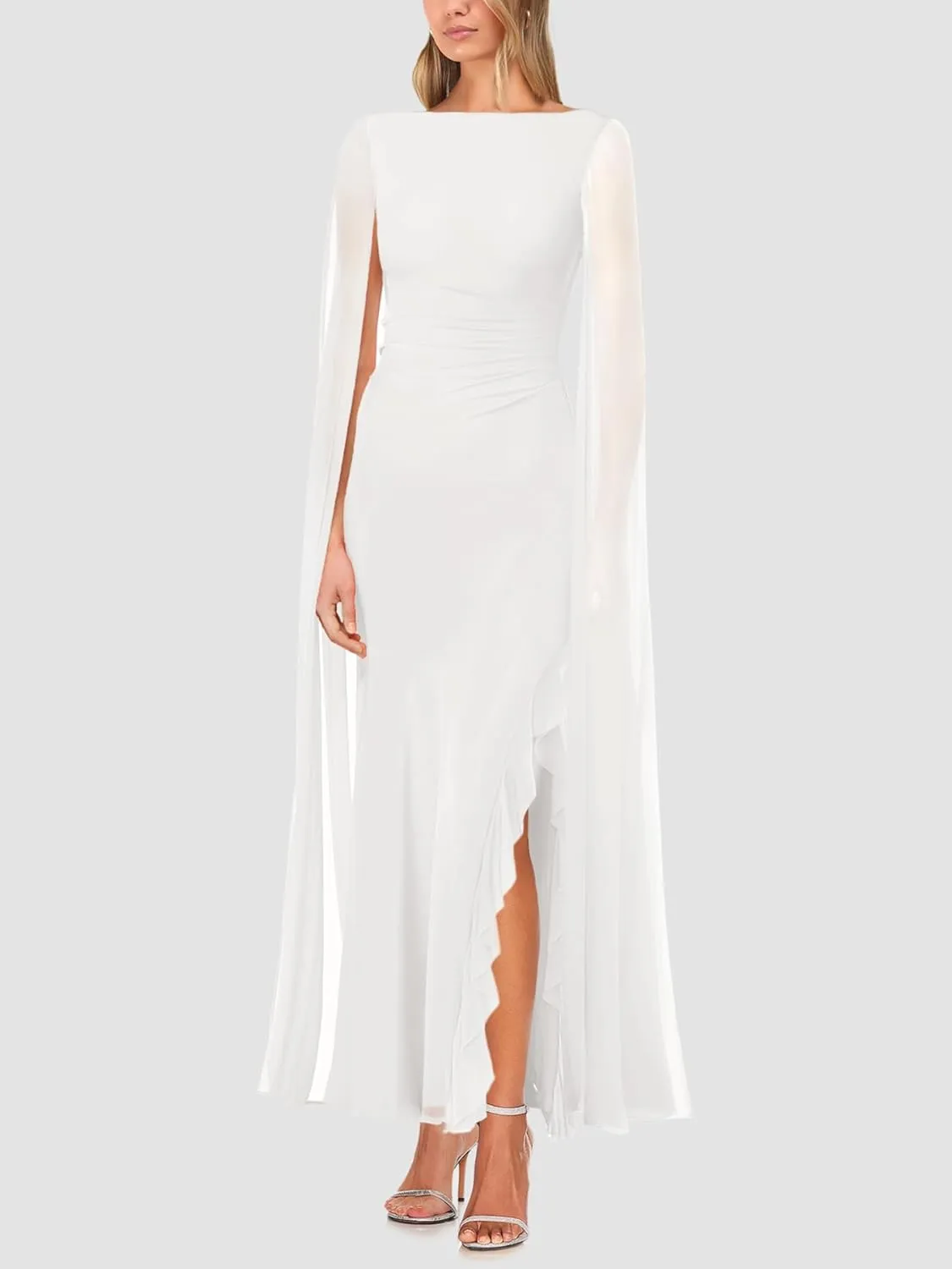 Lrady Women's Formal Evening Gowns High Split Ruffle Wedding Guest Cape Sleeve Cocktail Party Maxi Dresses