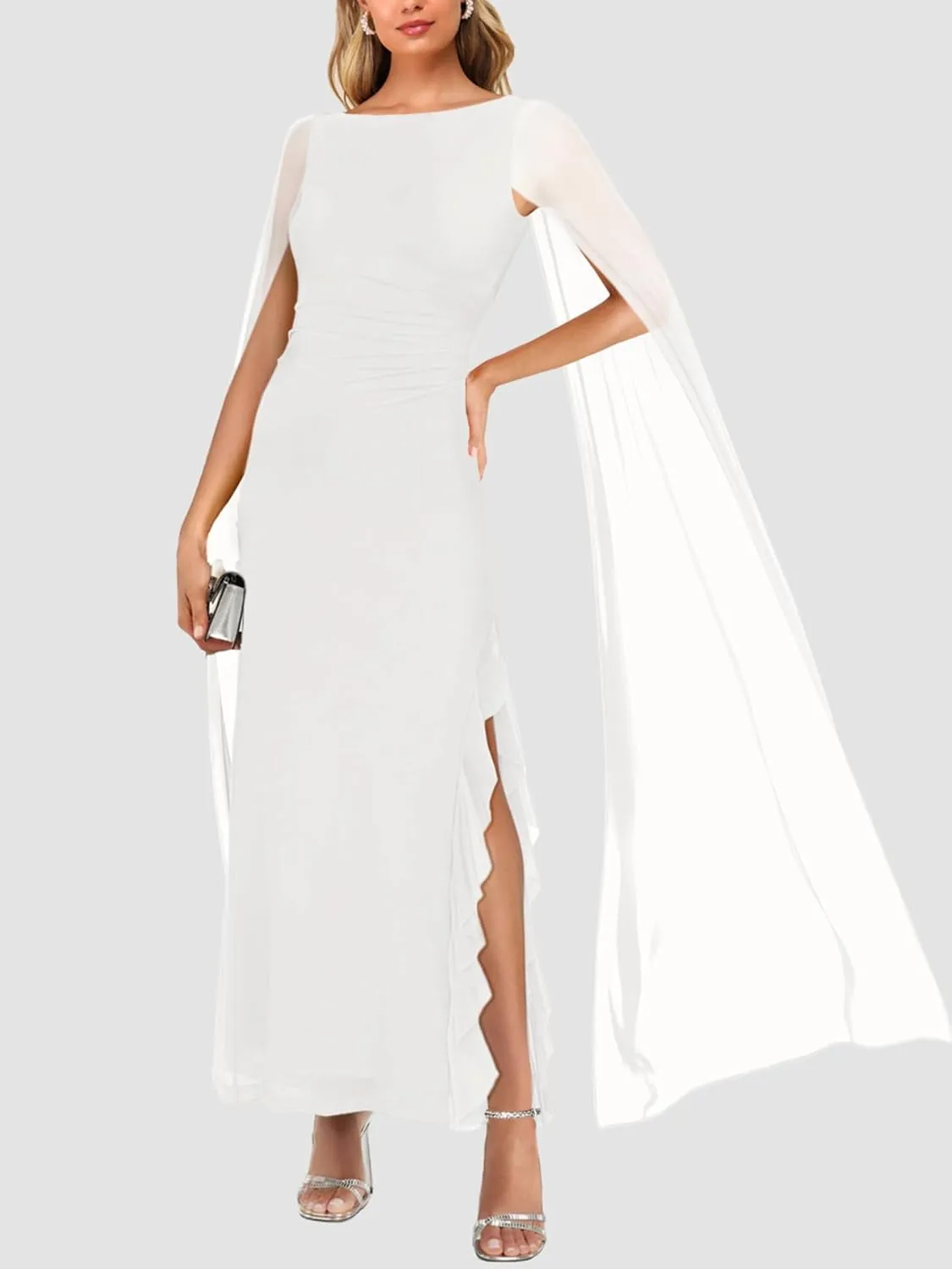 Lrady Women's Formal Evening Gowns High Split Ruffle Wedding Guest Cape Sleeve Cocktail Party Maxi Dresses