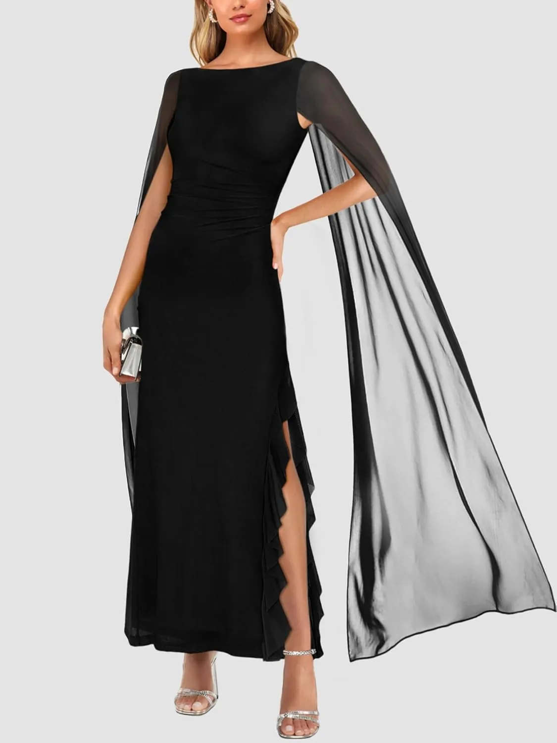 Lrady Women's Formal Evening Gowns High Split Ruffle Wedding Guest Cape Sleeve Cocktail Party Maxi Dresses
