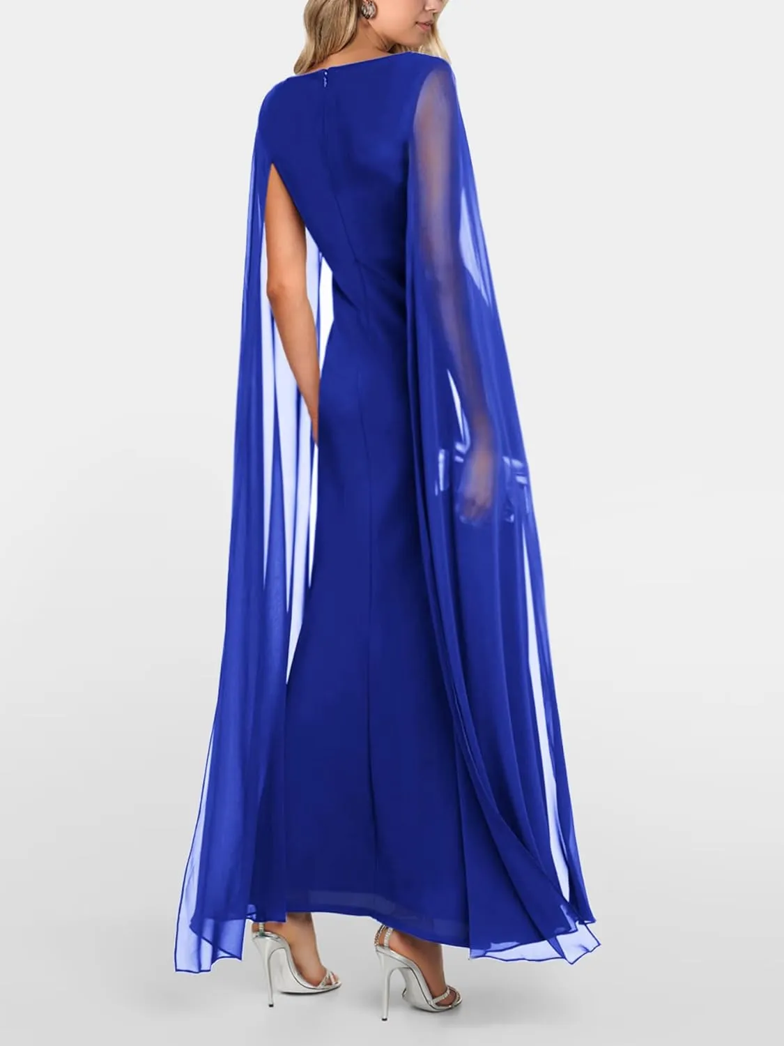 Lrady Women's Formal Evening Gowns High Split Ruffle Wedding Guest Cape Sleeve Cocktail Party Maxi Dresses
