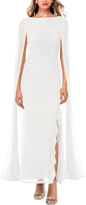 Lrady Women's Formal Evening Gowns High Split Ruffle Wedding Guest Cape Sleeve Cocktail Party Maxi Dresses