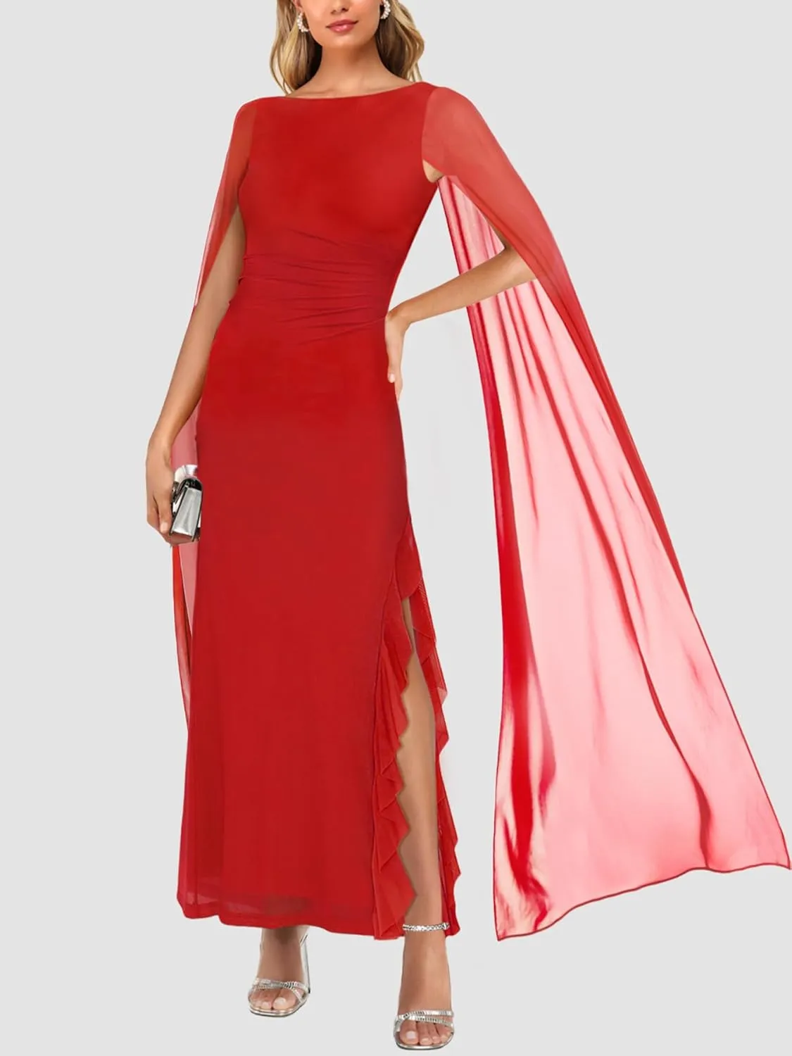 Lrady Women's Formal Evening Gowns High Split Ruffle Wedding Guest Cape Sleeve Cocktail Party Maxi Dresses