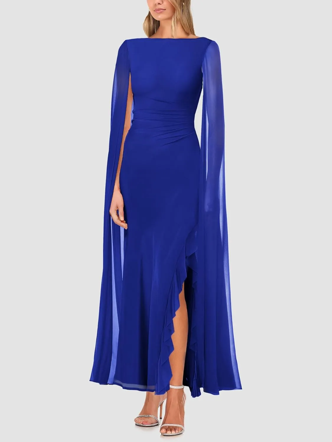 Lrady Women's Formal Evening Gowns High Split Ruffle Wedding Guest Cape Sleeve Cocktail Party Maxi Dresses