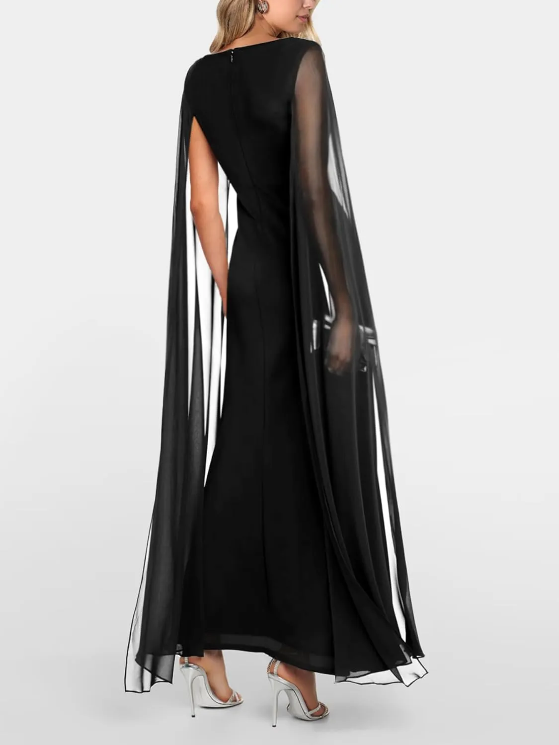 Lrady Women's Formal Evening Gowns High Split Ruffle Wedding Guest Cape Sleeve Cocktail Party Maxi Dresses