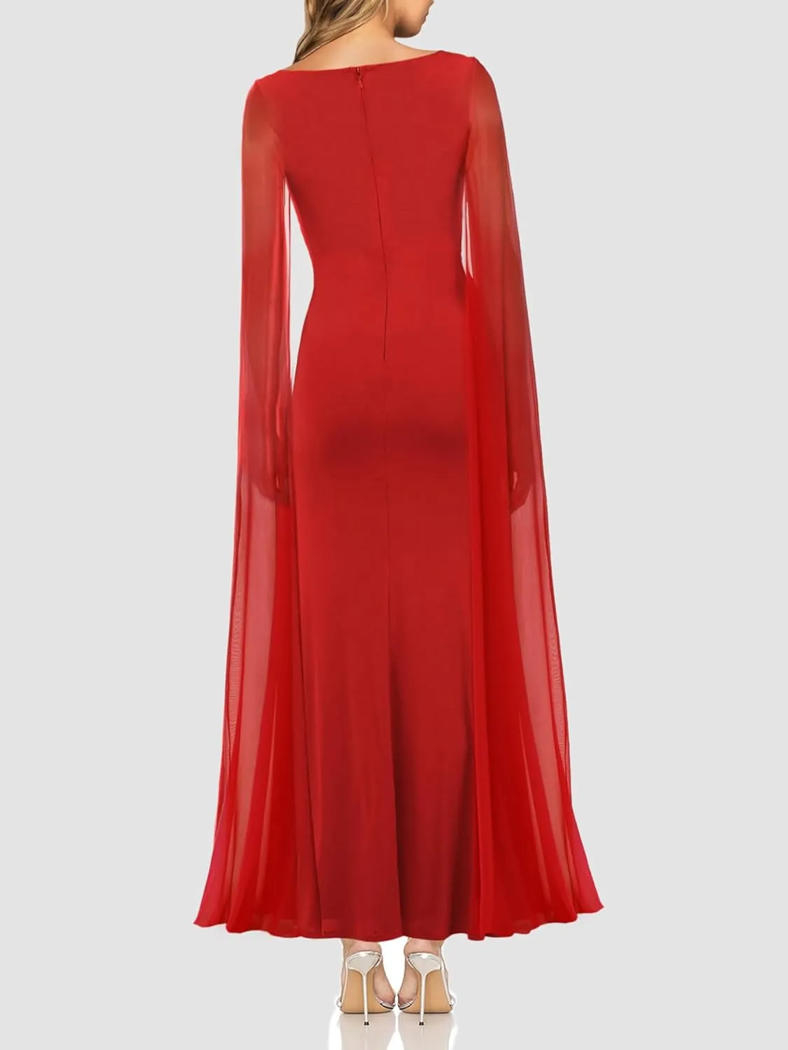 Lrady Women's Formal Evening Gowns High Split Ruffle Wedding Guest Cape Sleeve Cocktail Party Maxi Dresses