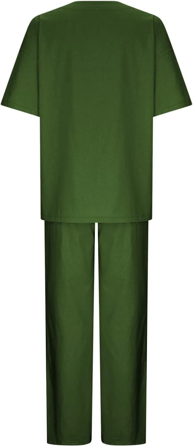 maisdgop 2 Piece Sets for Women Summer Cotton Linen Short Sleeve Trousers Outfit Casual Loose Solid Color Suits with Pockets