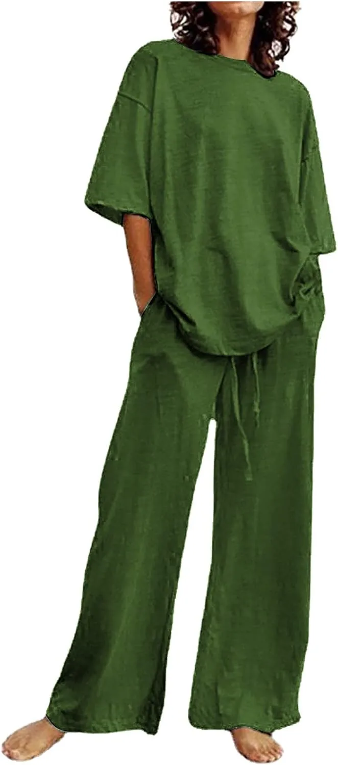 maisdgop 2 Piece Sets for Women Summer Cotton Linen Short Sleeve Trousers Outfit Casual Loose Solid Color Suits with Pockets