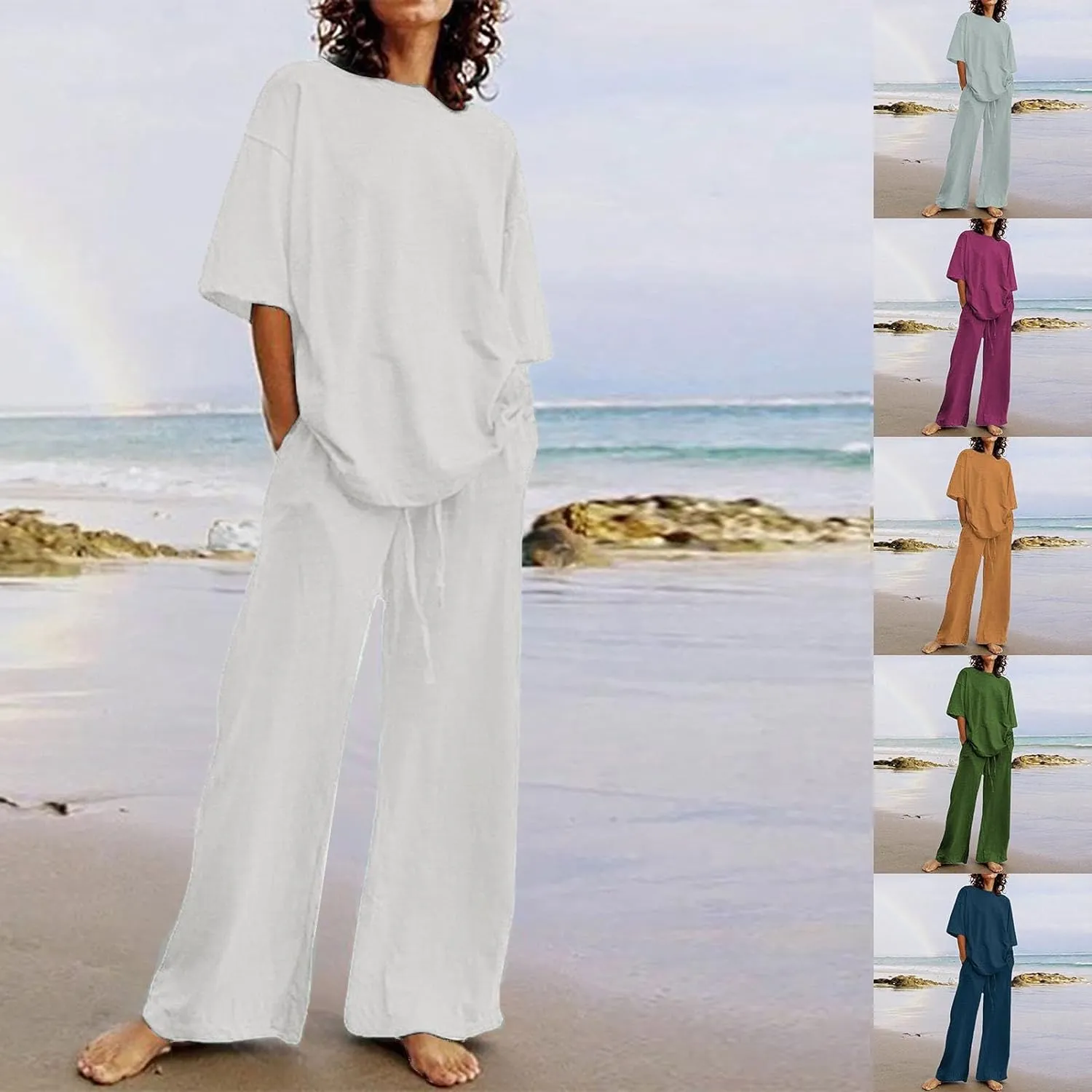 maisdgop 2 Piece Sets for Women Summer Cotton Linen Short Sleeve Trousers Outfit Casual Loose Solid Color Suits with Pockets