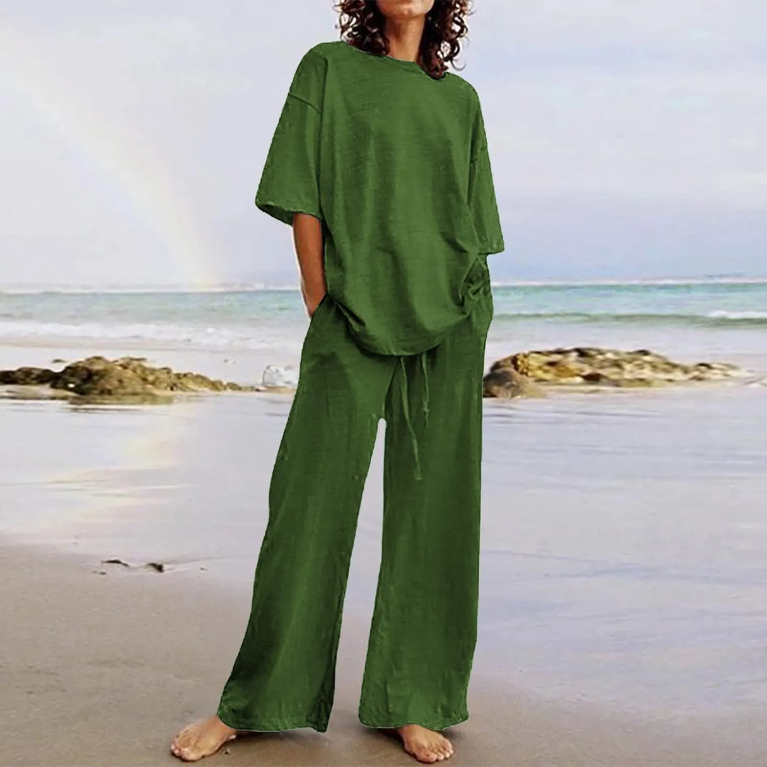 maisdgop 2 Piece Sets for Women Summer Cotton Linen Short Sleeve Trousers Outfit Casual Loose Solid Color Suits with Pockets