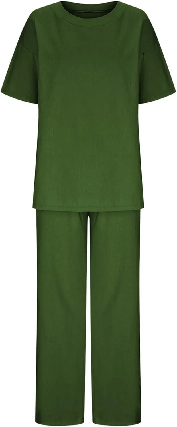 maisdgop 2 Piece Sets for Women Summer Cotton Linen Short Sleeve Trousers Outfit Casual Loose Solid Color Suits with Pockets
