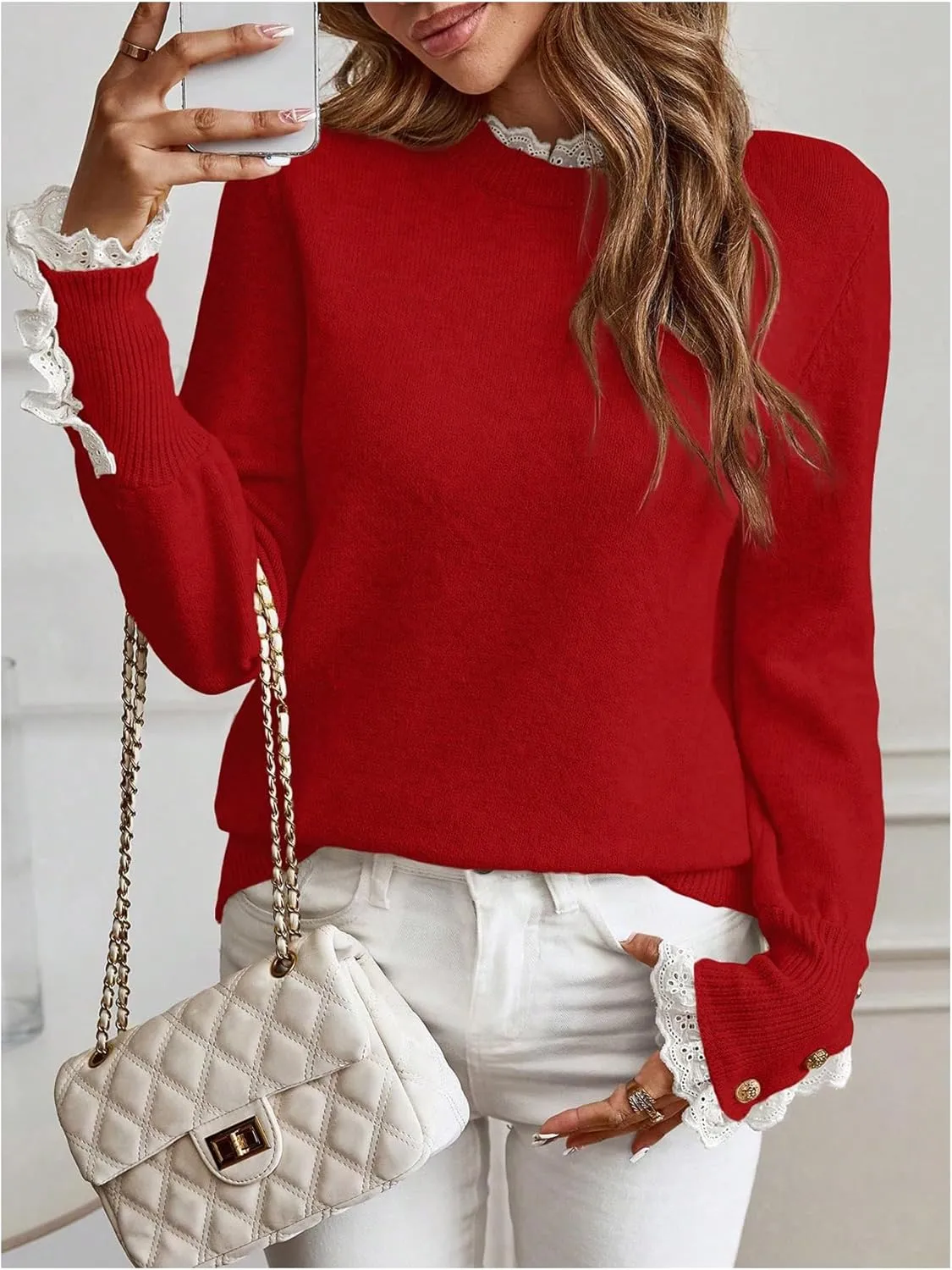 MakeMeChic Women's Crew Neck Ruffle Long Sleeve Sweater Button Knit Pullovers
