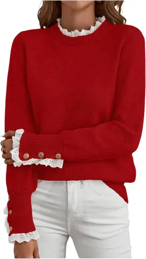 MakeMeChic Women's Crew Neck Ruffle Long Sleeve Sweater Button Knit Pullovers