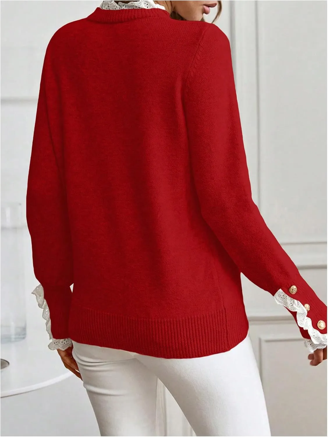 MakeMeChic Women's Crew Neck Ruffle Long Sleeve Sweater Button Knit Pullovers