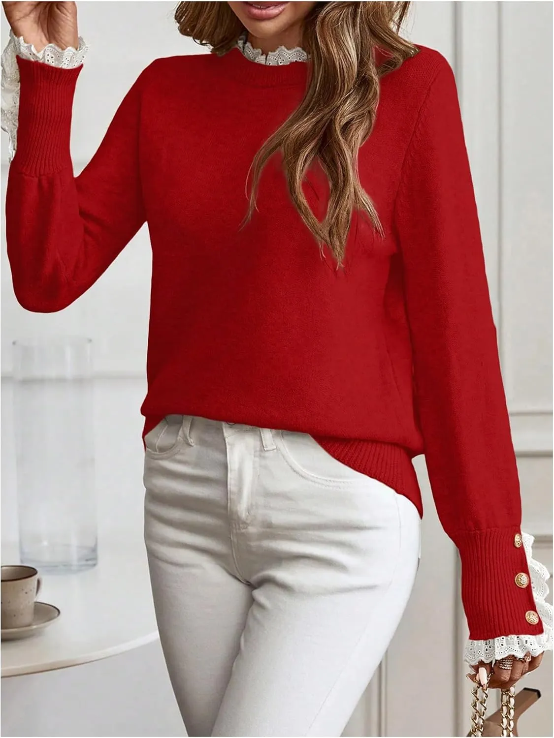 MakeMeChic Women's Crew Neck Ruffle Long Sleeve Sweater Button Knit Pullovers