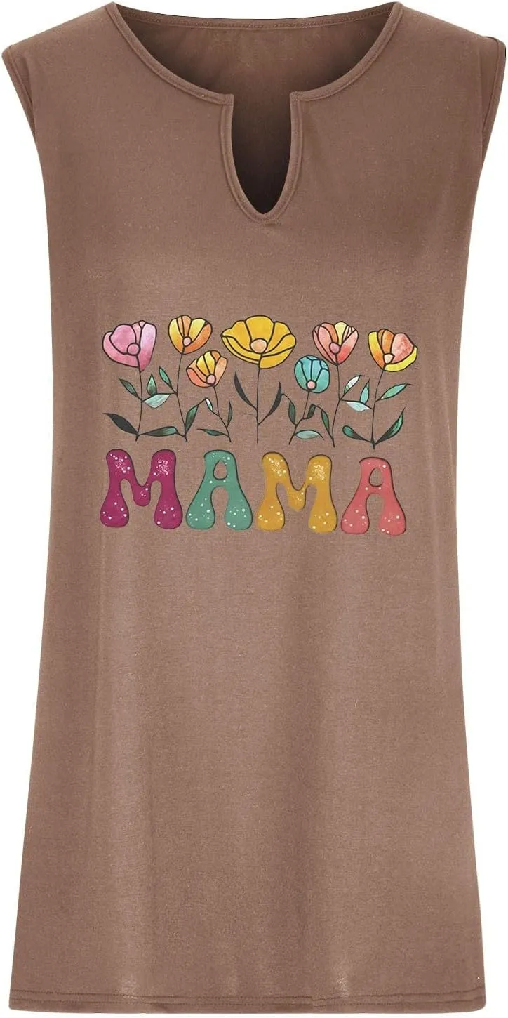 Mama Womens Tank Tops Plus Size Casual 2025 Summer Floral Printed V Neck Sleeveless T-Shirts Loose Tunic Blouses