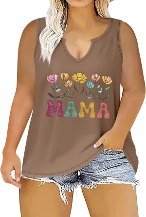 Mama Womens Tank Tops Plus Size Casual 2025 Summer Floral Printed V Neck Sleeveless T-Shirts Loose Tunic Blouses