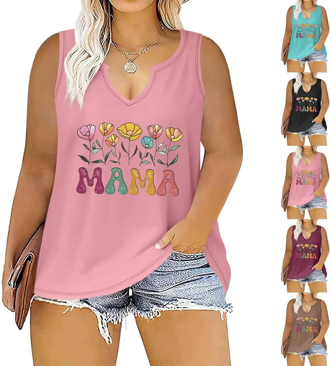 Mama Womens Tank Tops Plus Size Casual 2025 Summer Floral Printed V Neck Sleeveless T-Shirts Loose Tunic Blouses