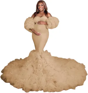 Maternity Dresses Mermaid Ruffle Tulle Pregnancy Gowns for Photoshoot Puffy Long Robe Dress for Baby Shower