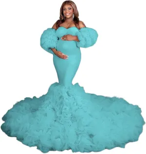Maternity Dresses Mermaid Ruffle Tulle Pregnancy Gowns for Photoshoot Puffy Long Robe Dress for Baby Shower