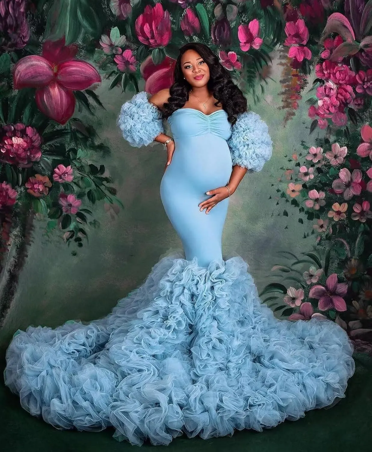 Maternity Dresses Mermaid Ruffle Tulle Pregnancy Gowns for Photoshoot Puffy Long Robe Dress for Baby Shower