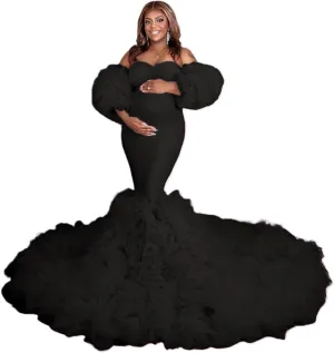 Maternity Dresses Mermaid Ruffle Tulle Pregnancy Gowns for Photoshoot Puffy Long Robe Dress for Baby Shower