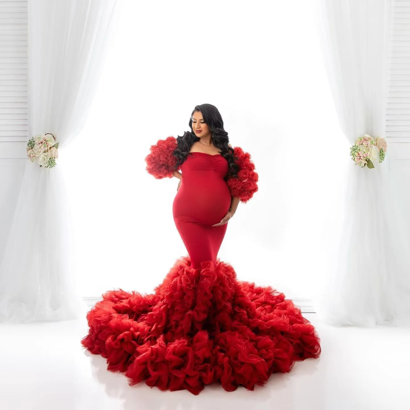 Maternity Dresses Mermaid Ruffle Tulle Pregnancy Gowns for Photoshoot Puffy Long Robe Dress for Baby Shower