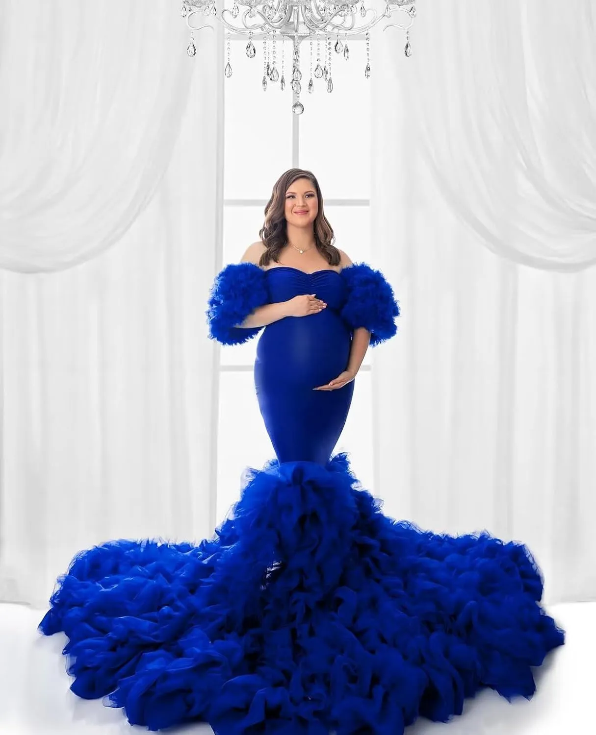 Maternity Dresses Mermaid Ruffle Tulle Pregnancy Gowns for Photoshoot Puffy Long Robe Dress for Baby Shower