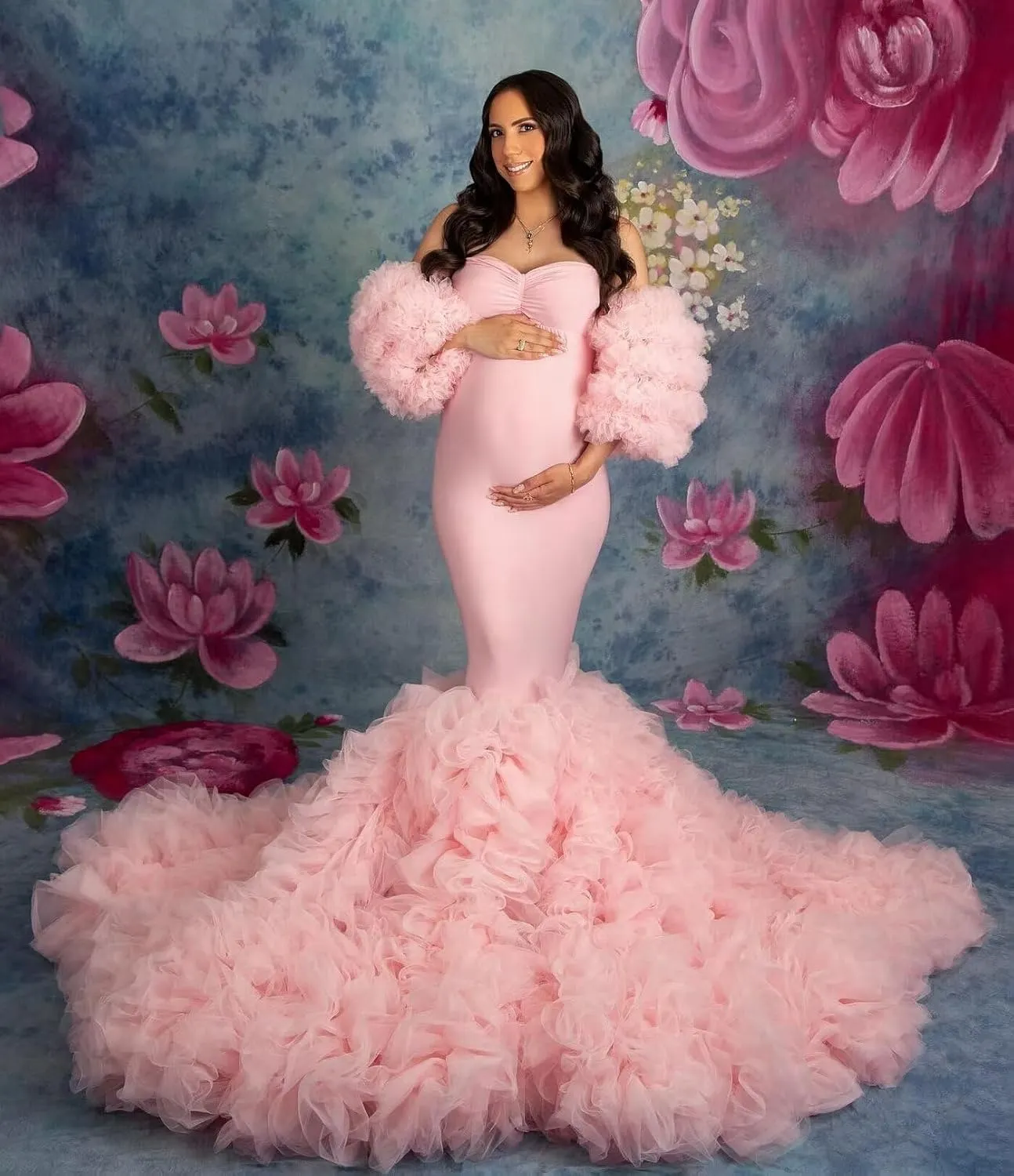 Maternity Dresses Mermaid Ruffle Tulle Pregnancy Gowns for Photoshoot Puffy Long Robe Dress for Baby Shower
