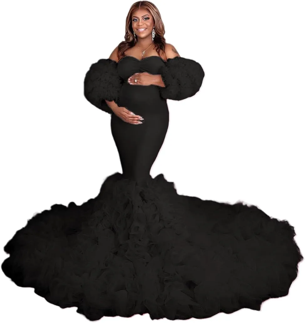 Maternity Dresses Mermaid Ruffle Tulle Pregnancy Gowns for Photoshoot Puffy Long Robe Dress for Baby Shower