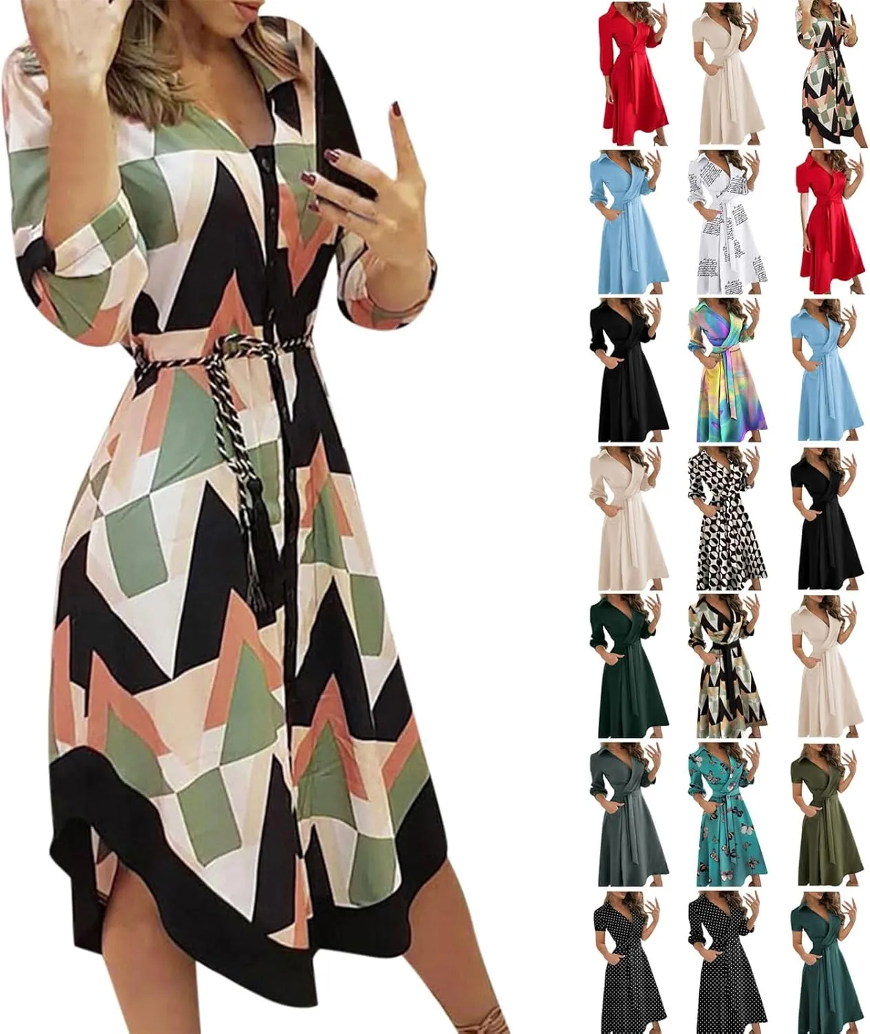 Maxi Dress for Women,2024 Summer Elegant Lapel V Neck Long/Short Sleeve Belt Office Dress,Flowy Ruched Beach Dress