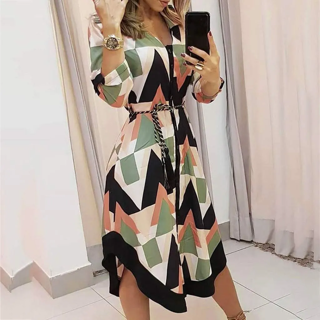 Maxi Dress for Women,2024 Summer Elegant Lapel V Neck Long/Short Sleeve Belt Office Dress,Flowy Ruched Beach Dress