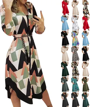 Maxi Dress for Women,2024 Summer Elegant Lapel V Neck Long/Short Sleeve Belt Office Dress,Flowy Ruched Beach Dress