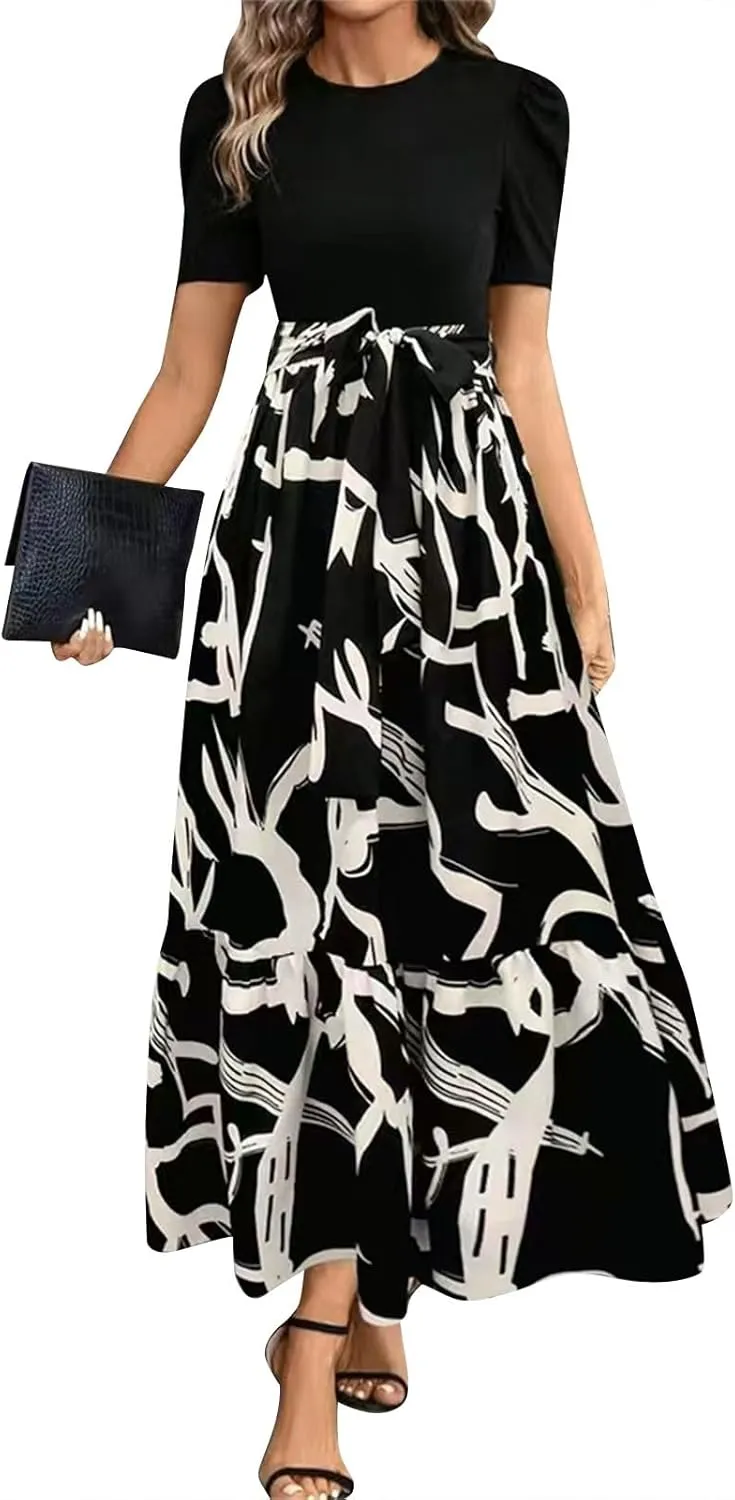 Maxi Dresses for Women,2025 Spring Summer Elegant Crewneck Short Sleeve Beach Dress Trendy Floral Flowy Boho Dress