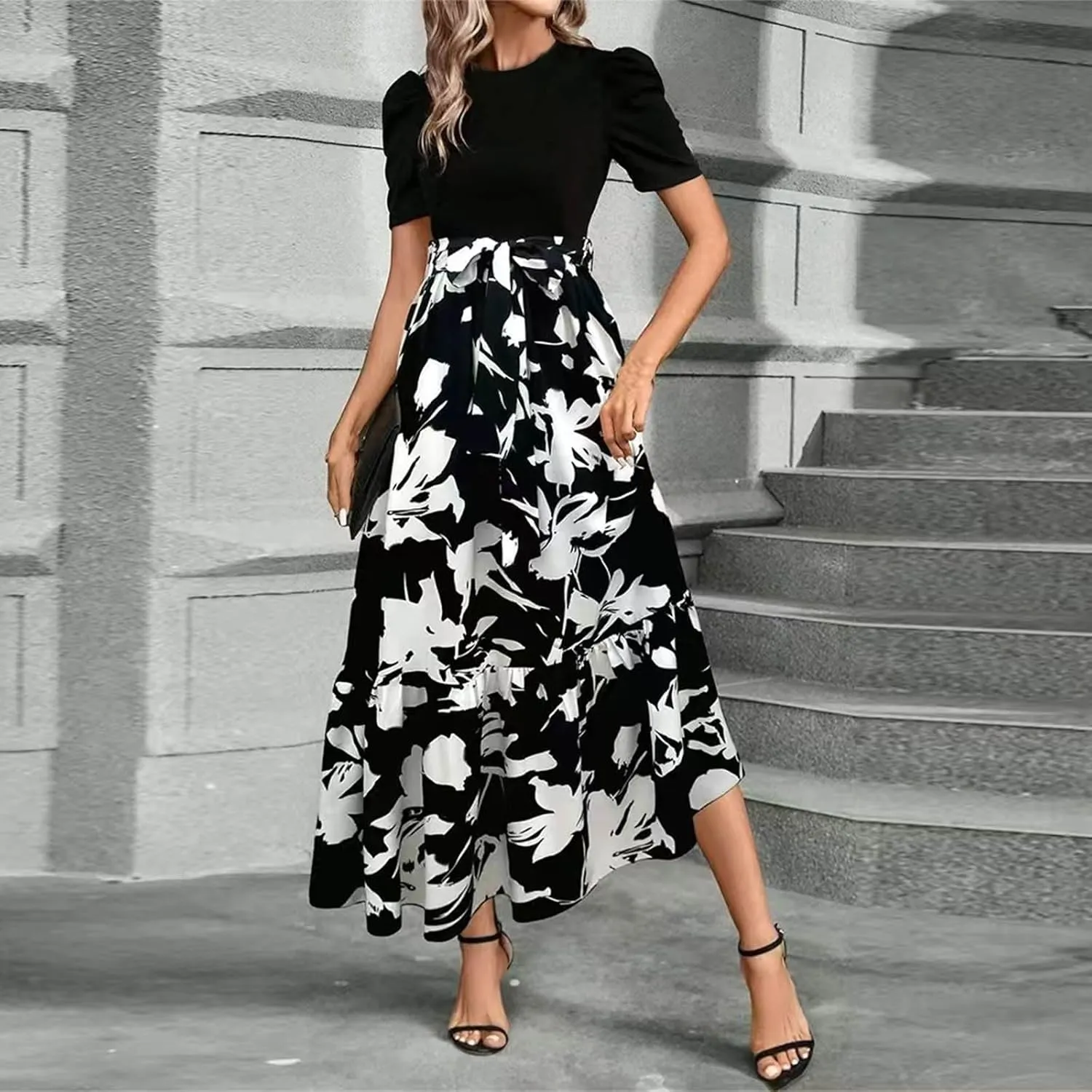 Maxi Dresses for Women,2025 Spring Summer Elegant Crewneck Short Sleeve Beach Dress Trendy Floral Flowy Boho Dress