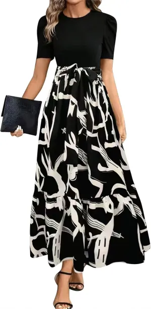 Maxi Dresses for Women,2025 Spring Summer Elegant Crewneck Short Sleeve Beach Dress Trendy Floral Flowy Boho Dress