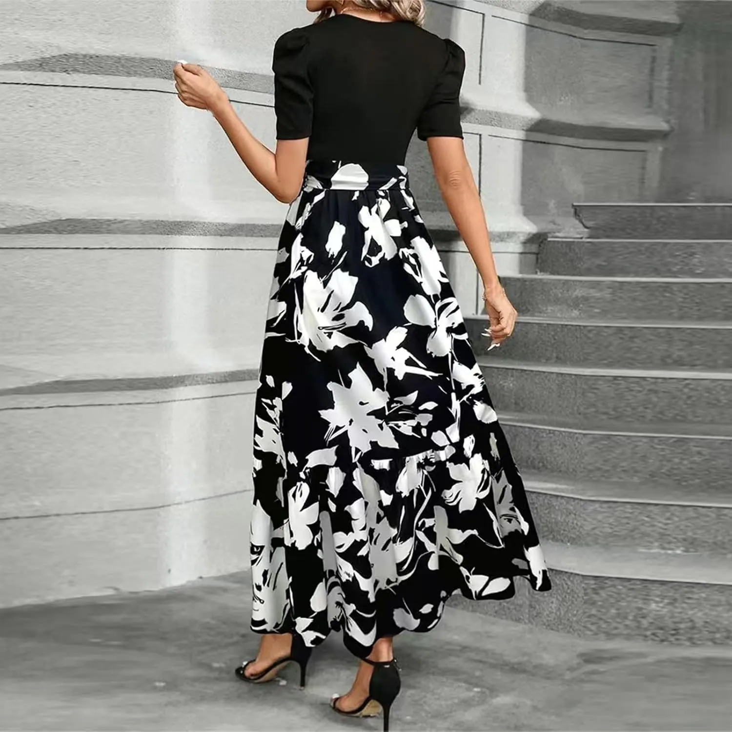 Maxi Dresses for Women,2025 Spring Summer Elegant Crewneck Short Sleeve Beach Dress Trendy Floral Flowy Boho Dress
