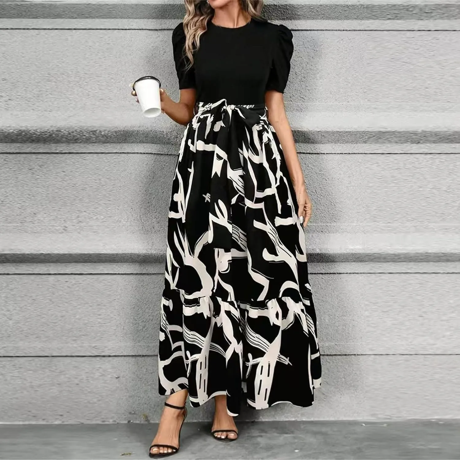 Maxi Dresses for Women,2025 Spring Summer Elegant Crewneck Short Sleeve Beach Dress Trendy Floral Flowy Boho Dress
