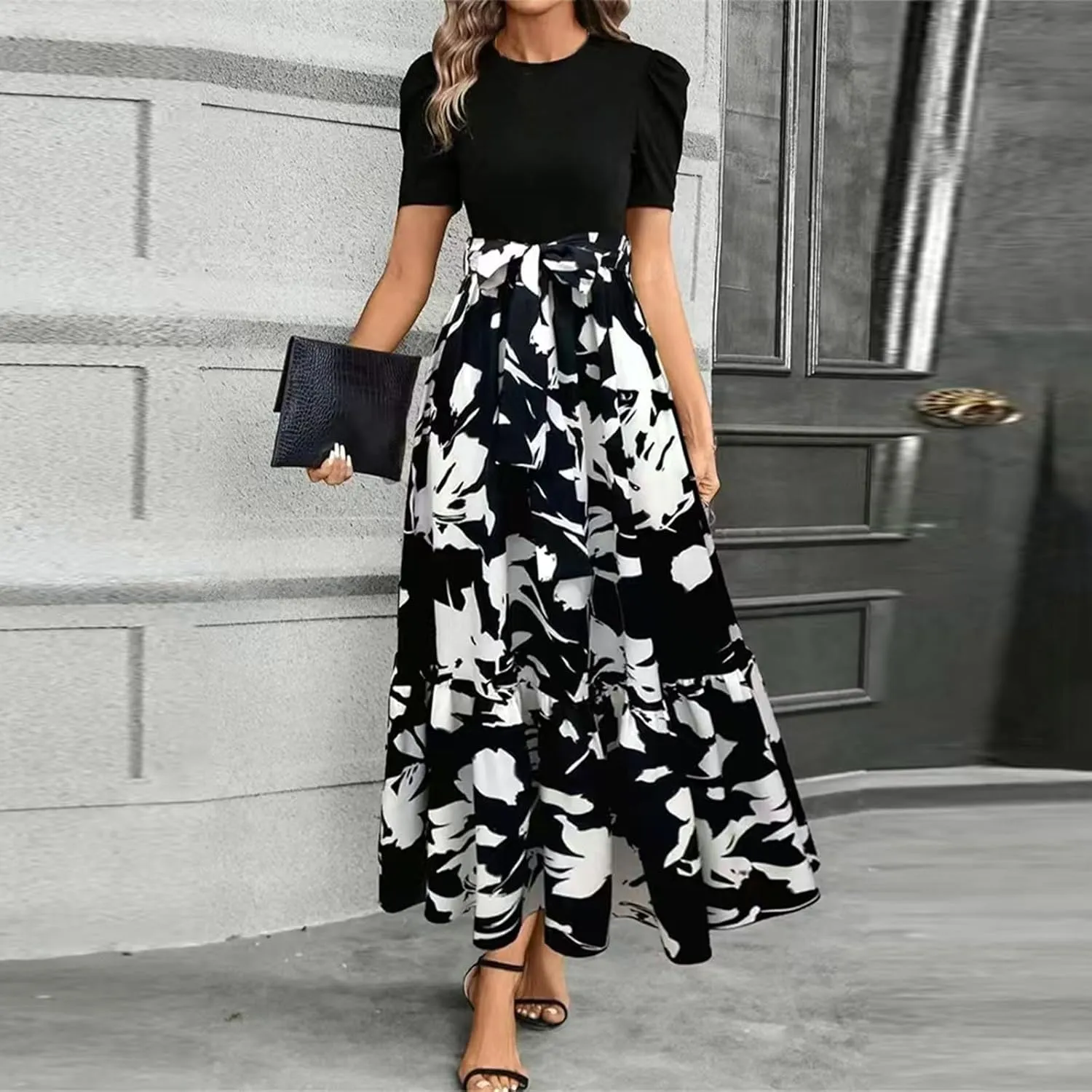 Maxi Dresses for Women,2025 Spring Summer Elegant Crewneck Short Sleeve Beach Dress Trendy Floral Flowy Boho Dress