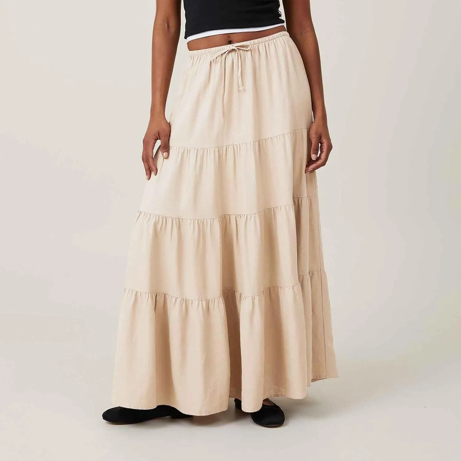 Maxi Skirt for Women Summer Comfy Tiered Drawstring Elastic High Waisted Vacation A-Line Flowy Swing Long Skirts