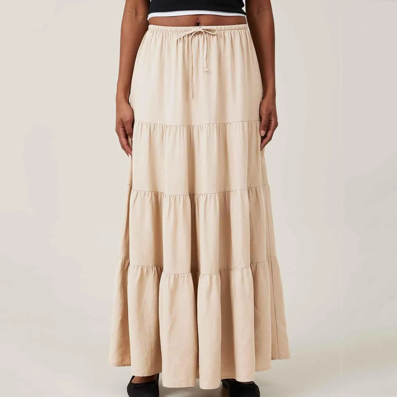 Maxi Skirt for Women Summer Comfy Tiered Drawstring Elastic High Waisted Vacation A-Line Flowy Swing Long Skirts