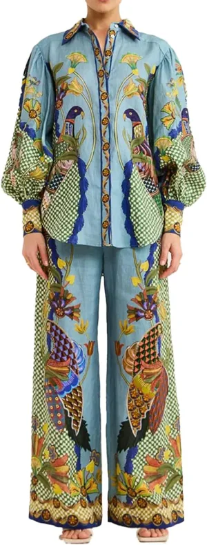 Melliflo Womens Graphic Print 2 piece Linen Sets Long Sleeve Button Down Shirts and Pants Set Casual Lounge Sets Boho Outfits