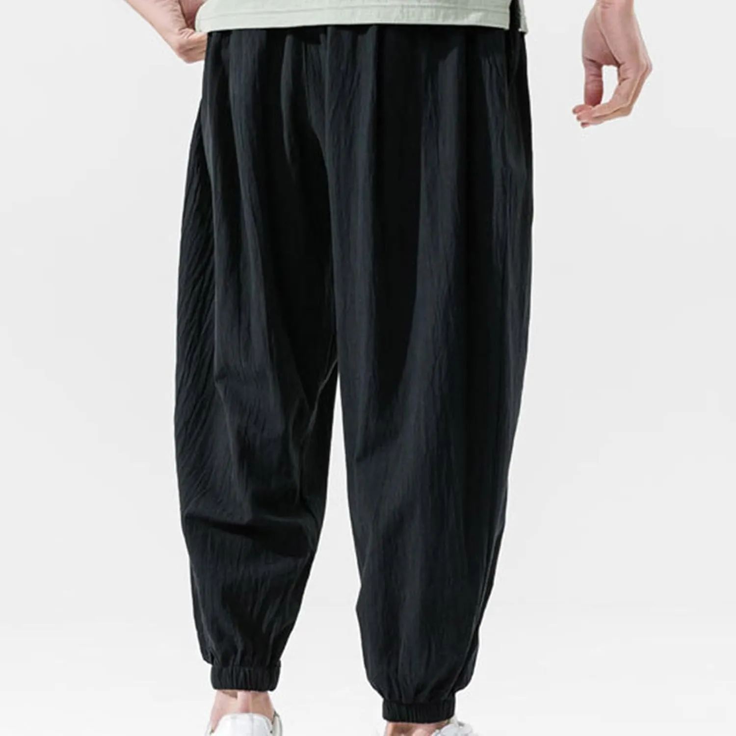 Men Drawstring Pants Summer Baggy Boho Solid Yoga Pants Loose Casual Elastic Waist Tapered Trouser with Pockets
