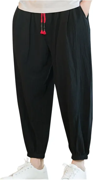 Men Drawstring Pants Summer Baggy Boho Solid Yoga Pants Loose Casual Elastic Waist Tapered Trouser with Pockets