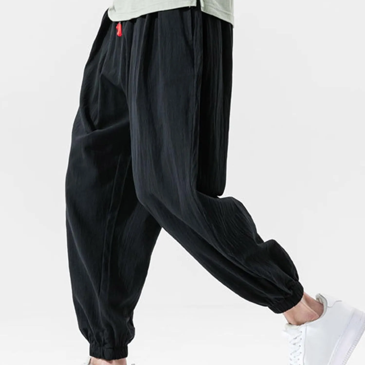 Men Drawstring Pants Summer Baggy Boho Solid Yoga Pants Loose Casual Elastic Waist Tapered Trouser with Pockets